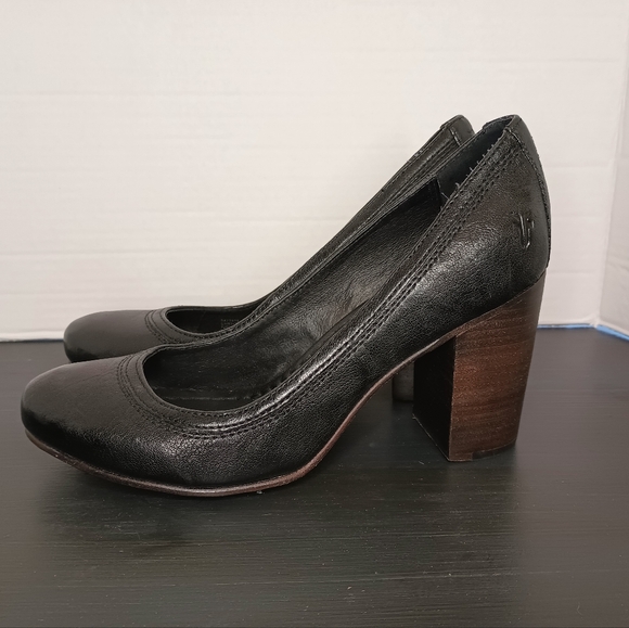 Frye Womens Carson Pump Block Heels Size 8 Black Wood Leather Academia - Picture 2 of 11
